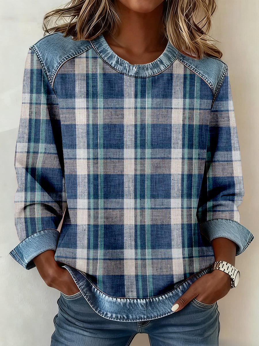 Women's Vintage Plaid Pattern Patchwork Art Sweatshirt