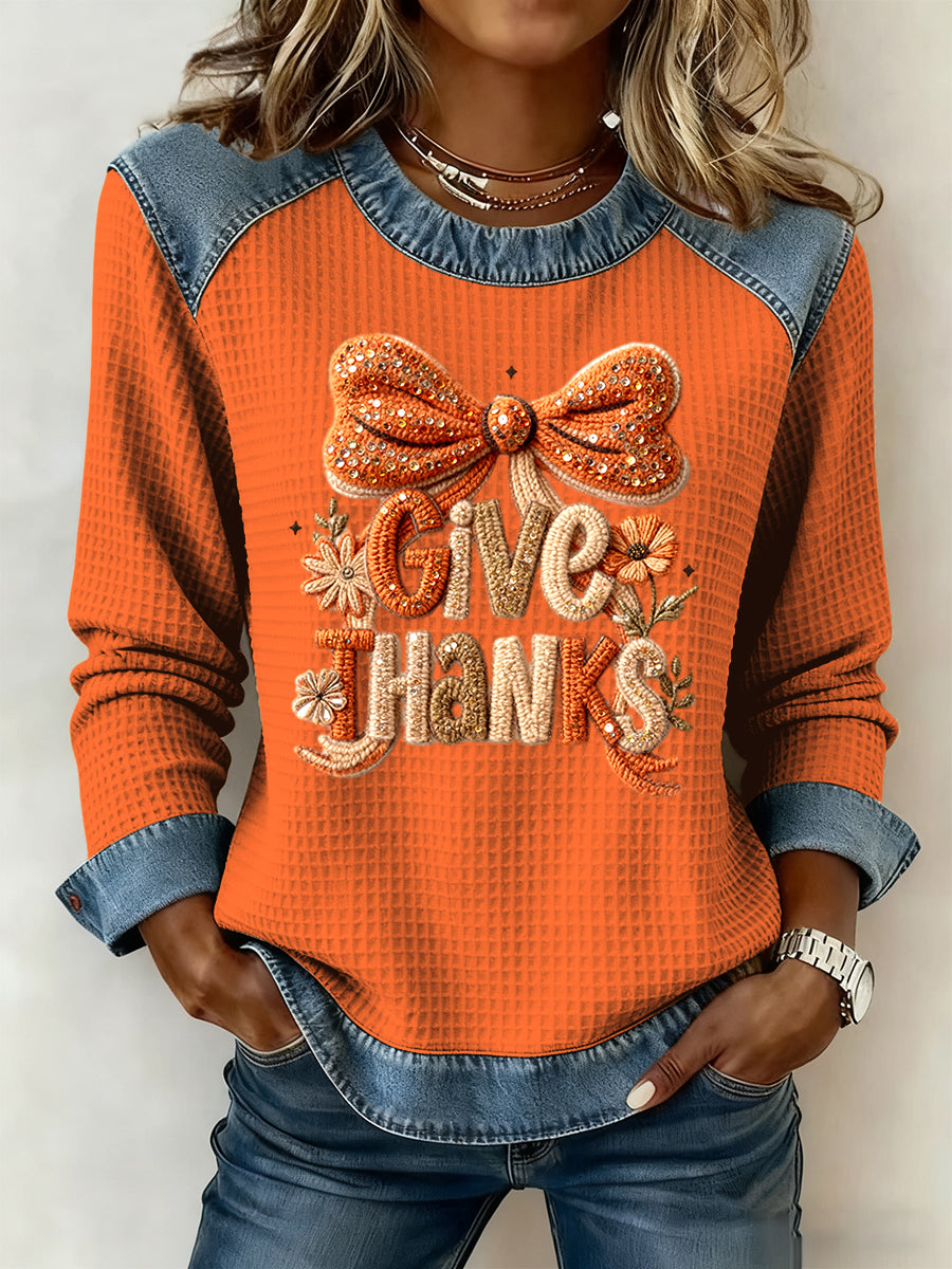 Women's Thanksgiving Bow Floral Art Casual Waffle Weave Top