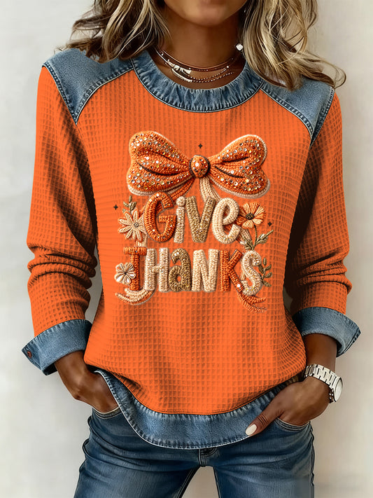 Women's Thanksgiving Bow Floral Art Casual Waffle Weave Top