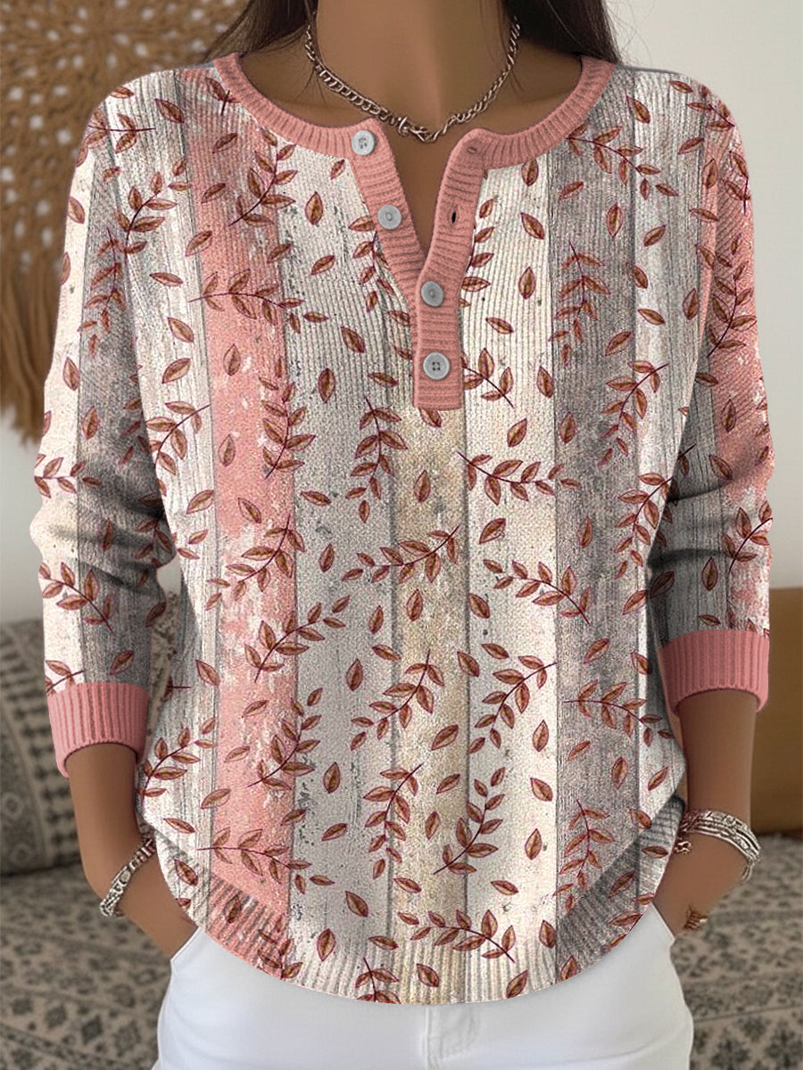 Women's Thanksgiving Vintage Autumn Leaf Stripe Art V-Neck Top