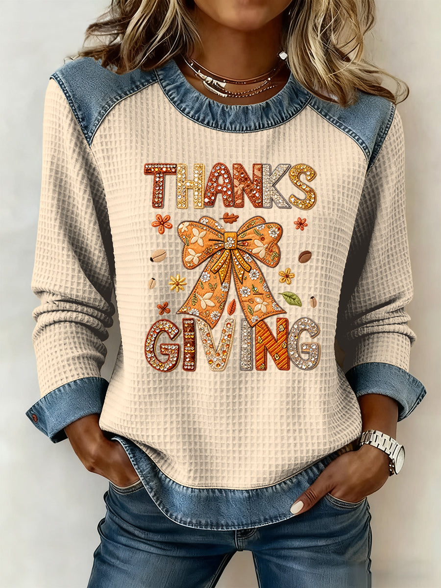 Women's Thanksgiving Bow Art Casual Waffle Weave Top