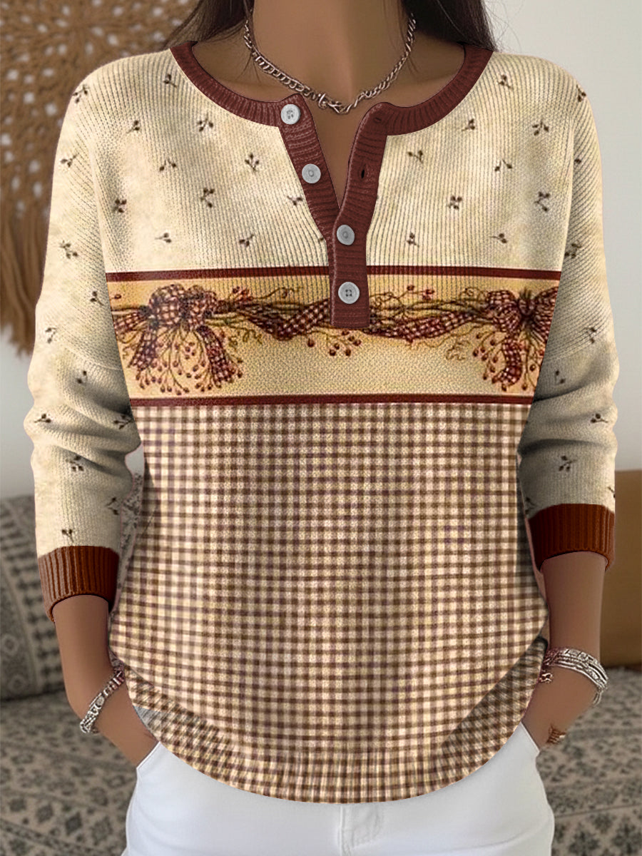 Women's Thanksgiving Vintage Plaid Patchwork Art V-Neck Top