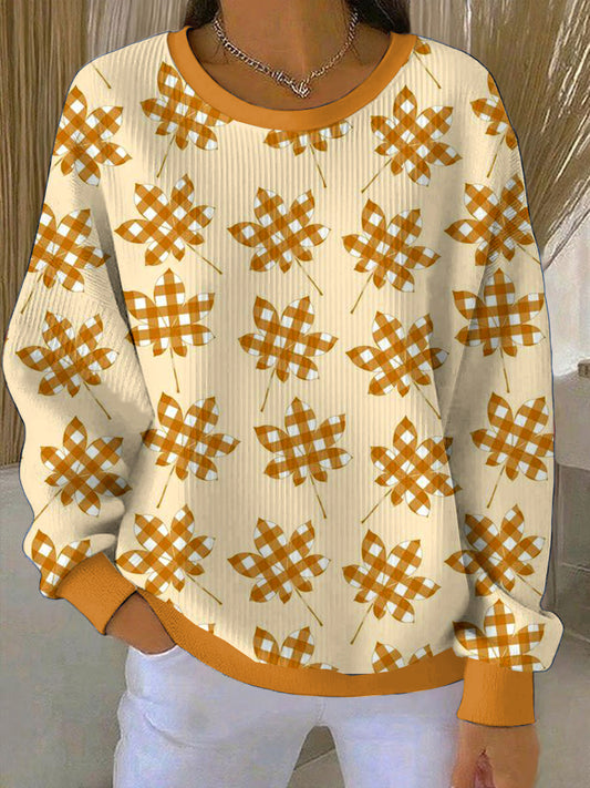 Women's Maple Leaf Yellow Loose-Fit Crewneck Pullover