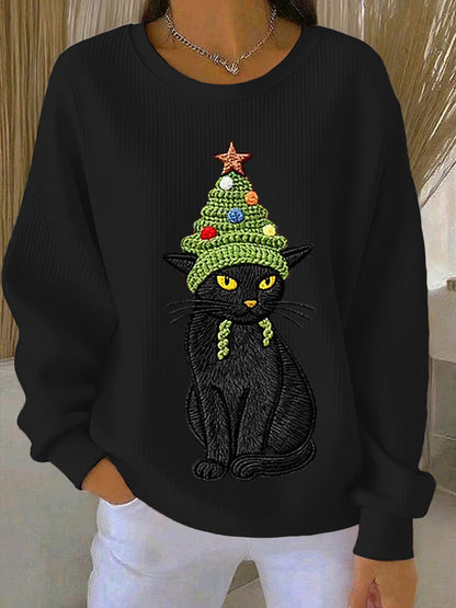 Women's Christmas Tree Cute Cat Art Ribbed Round-Neck Sweatshirt