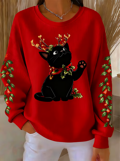 Women's Christmas Black Cat Print Ribbed Round-Neck Sweatshirt