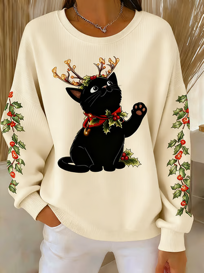 Women's Christmas Black Cat Print Ribbed Round-Neck Sweatshirt
