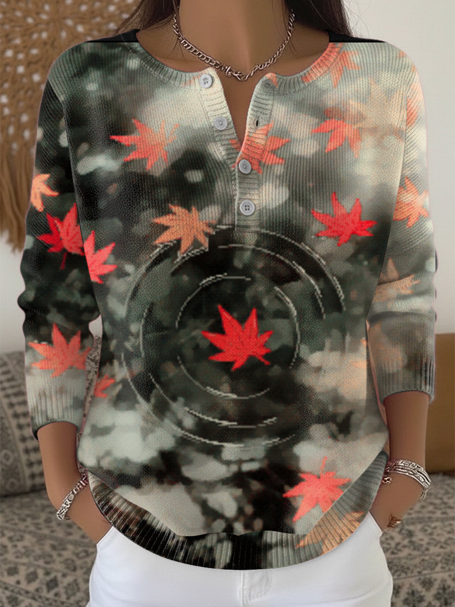 Women's Thanksgiving Maple Leaf Black Henley neck sweater