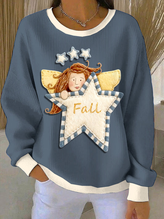 Women's Fall Blue Loose-Fit Crewneck Pullover