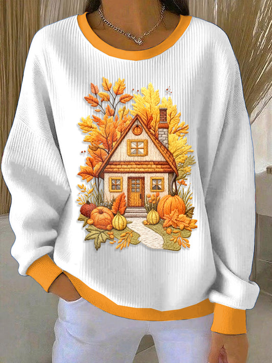 Women's Thanksgiving Autumn House Loose-Fit Crewneck Pullover