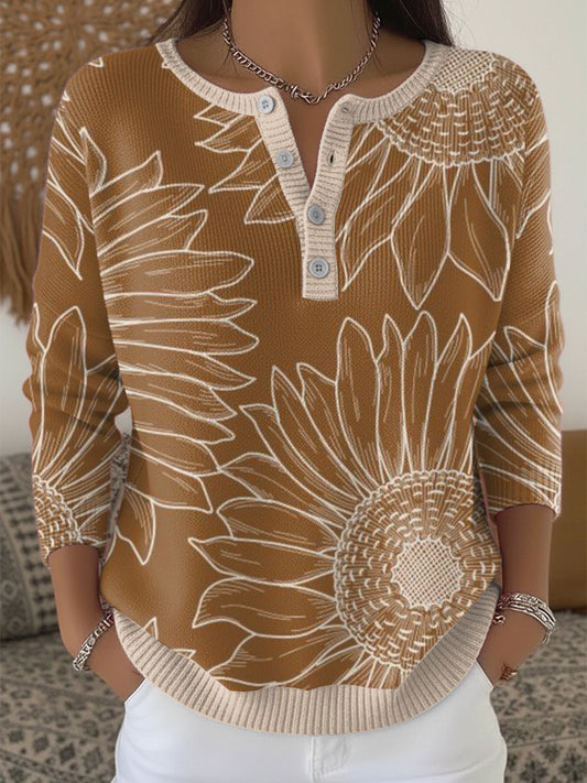 Women’s brown casual Thanksgiving Henley neck sweater