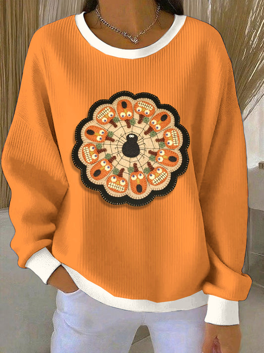 Women's Patchwork Pumpkin Loose-Fit Crewneck Pullover