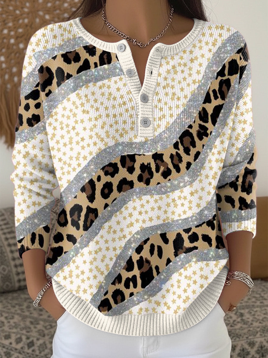 Women's Leopard Print Patchwork Fashion Henley neck sweater