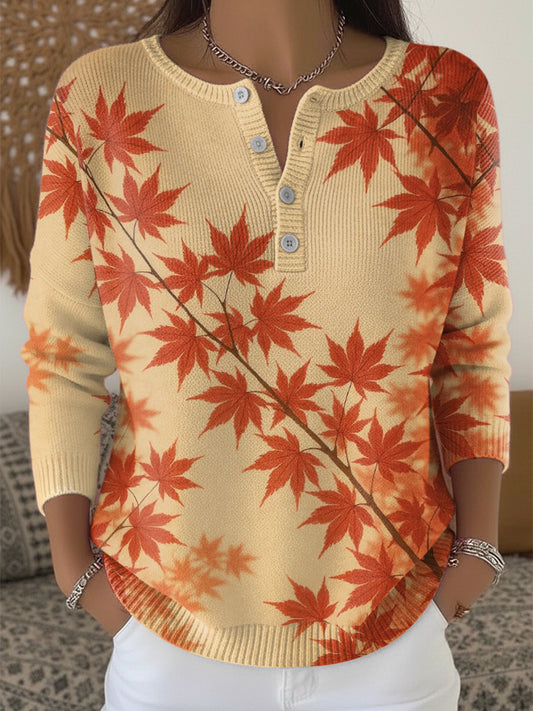 Women's Maple Leaf Casual Thanksgiving Henley neck sweater