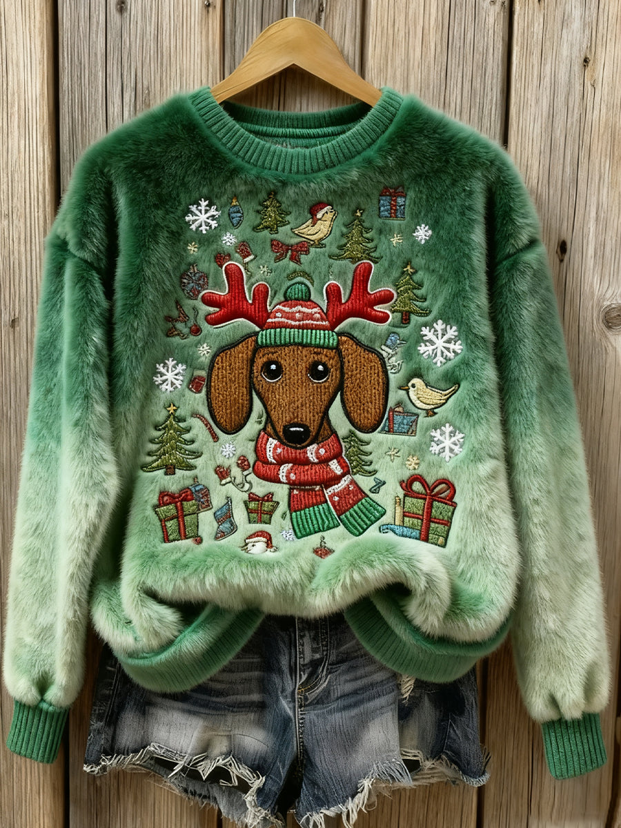 Women’s Christmas Dachshund Dog Art Cozy Flannel Sweater Green / S