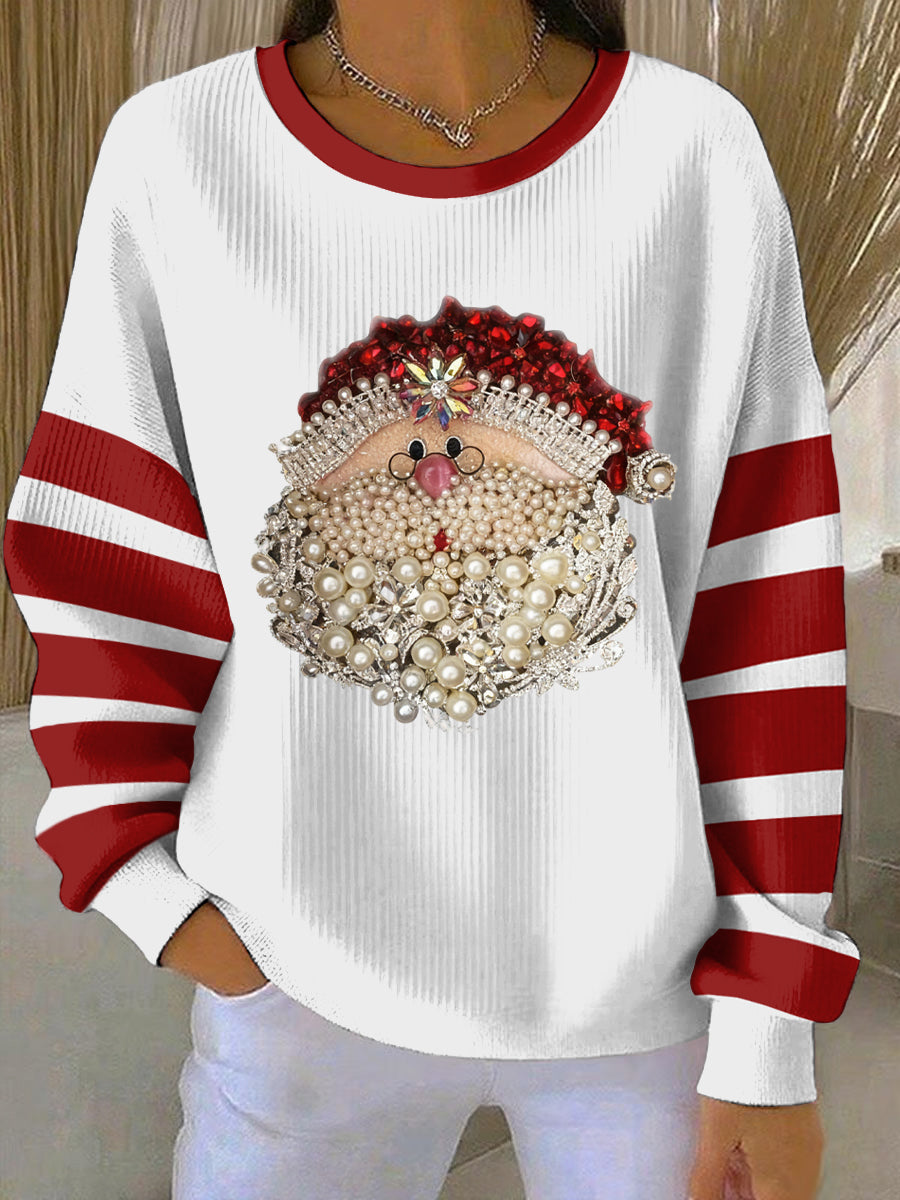 Women’s Christmas Santa Art Print Ribbed Round-Neck Sweatshirt White / S