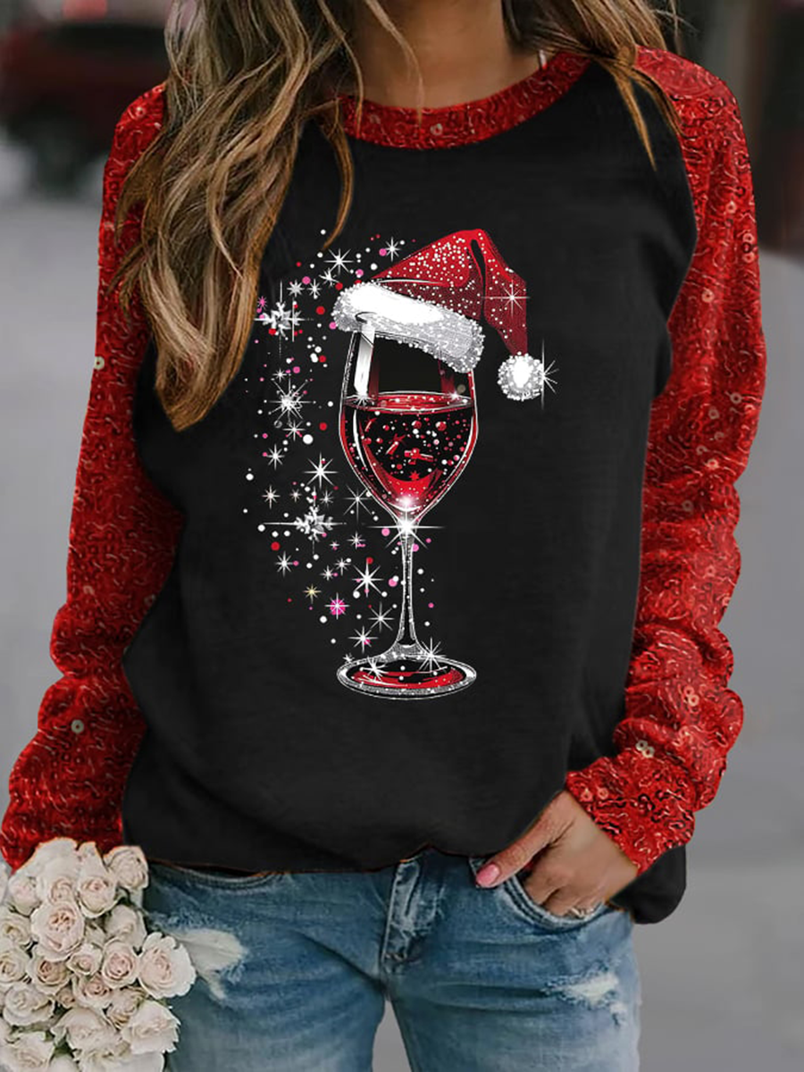 Women’s red wine glass print raglan sleeve sweatshirt Black / S