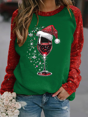 Women’s red wine glass print raglan sleeve sweatshirt Green / S