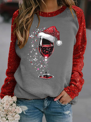 Women’s red wine glass print raglan sleeve sweatshirt Gray / S