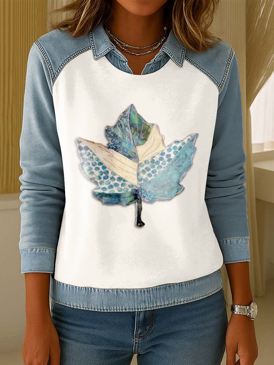 Women's Denim Maple Leaf Lapel-Collared Patchwork Sweatshirt