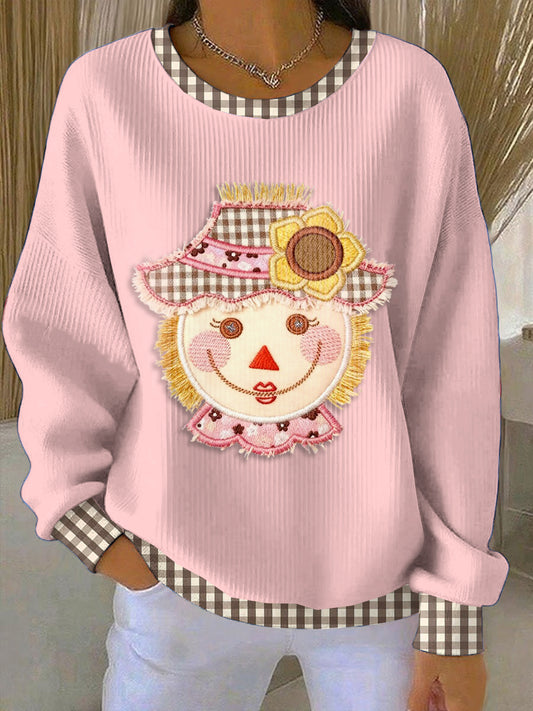 Women's Pink Patchwork Thanksgiving Loose-Fit Crewneck Pullover