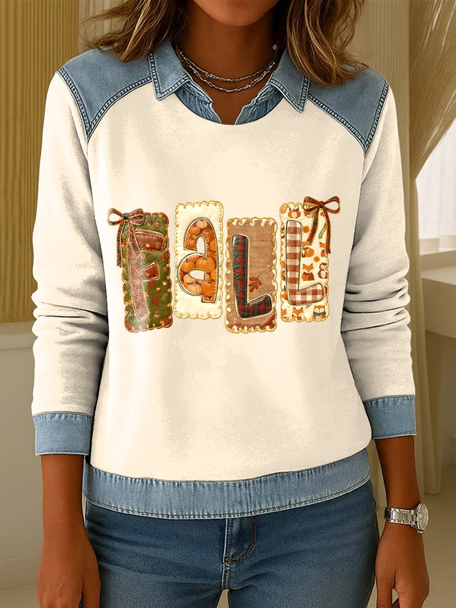 Women's Patchwork Fall Thanksgiving Lapel-Collared Sweatshirt