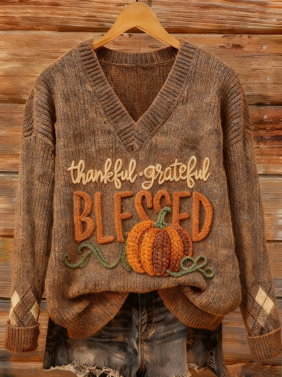 Women's Thanksgiving Day Thankful Grateful Blessed Pumpkin Art Print Top