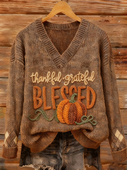 Women's Thanksgiving Day Thankful Grateful Blessed Pumpkin Art Print Top
