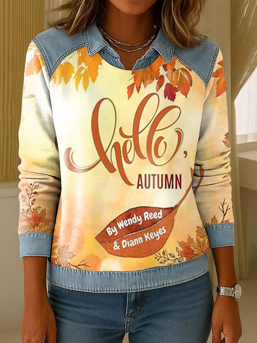 Women's Autumn-Inspired Lapel-Collared Patchwork Sweatshirt