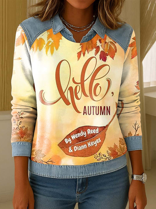 Women's Autumn-Inspired Lapel-Collared Patchwork Sweatshirt