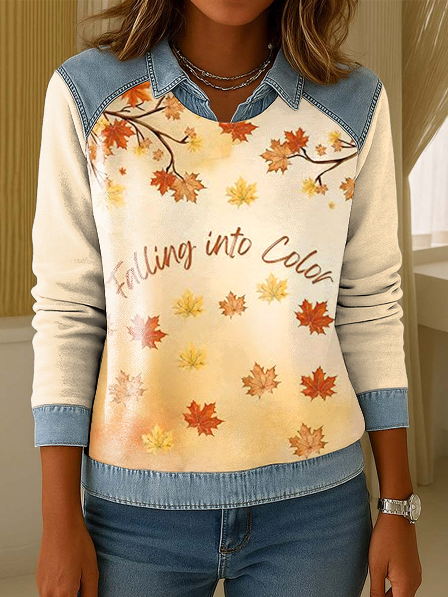 Women's Fall-Inspired Lapel-Collared Patchwork Sweatshirt