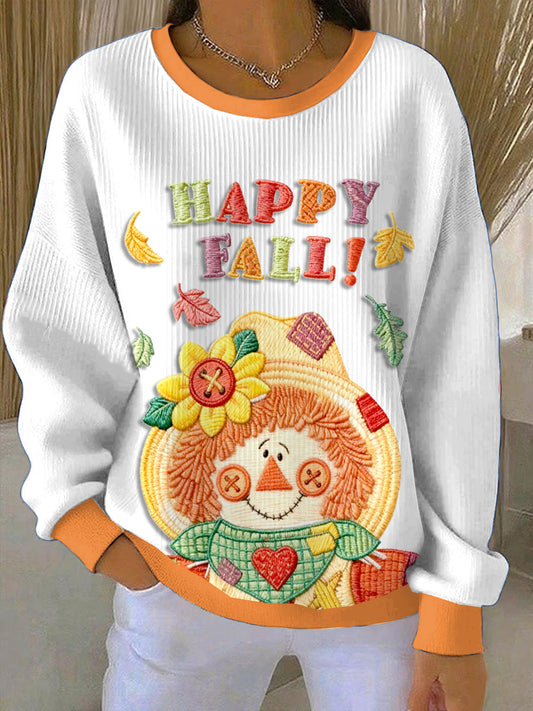 Women's White Happy Fall Loose-Fit Crewneck Pullover