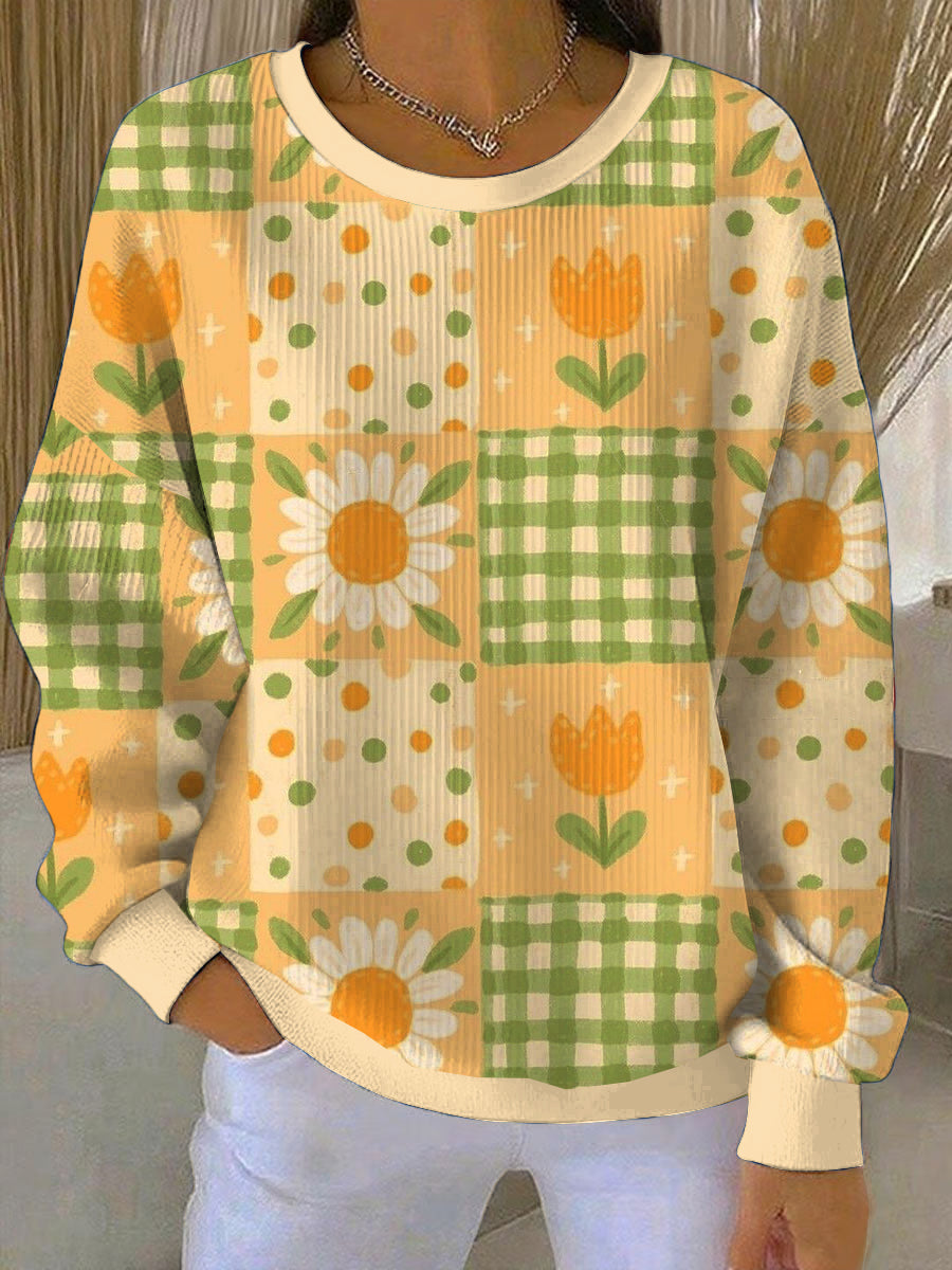 Women's Thanksgiving Autumn Patchwork Loose-Fit Crewneck Pullover