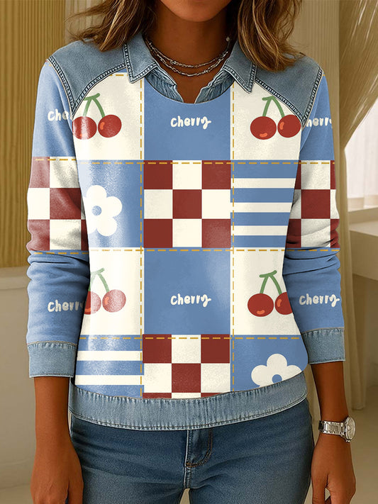 Women's Christmas Lapel-Collared Patchwork Sweatshirt