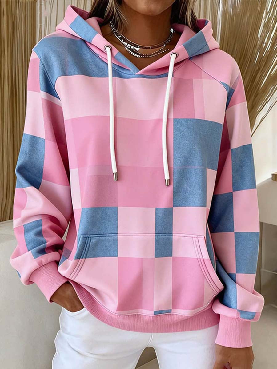 Women's Contrast Color Plaid Pattern Hoodie