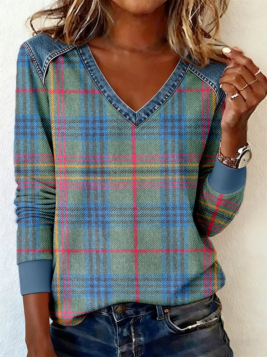 Women's Vintage Plaid Pattern Patchwork Art V-Neck Top