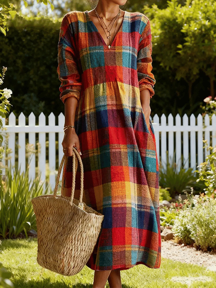 Women's Vintage Plaid Pattern Cozy V-Neck Dress