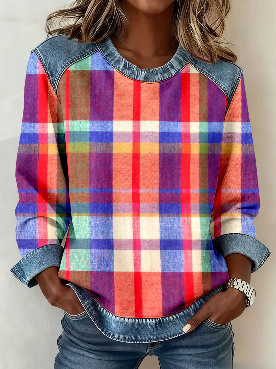Women's Colorful Plaid Pattern Patchwork Sweatshirt