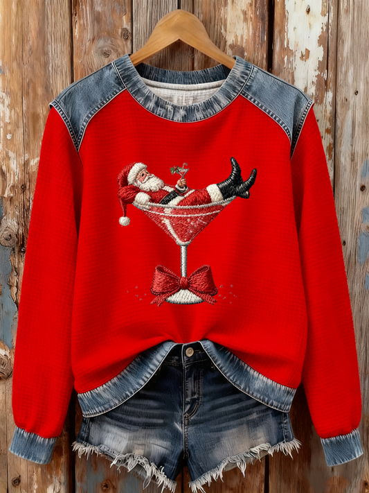 Women's Santa Claus sitting on a wine glass Print waffle Sweatshirt