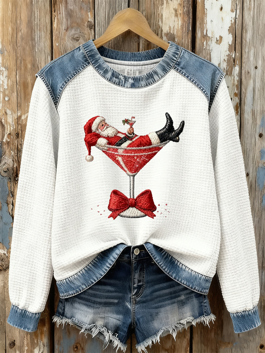 Women’s Santa Claus sitting on a wine glass Print waffle Sweatshirt White / S