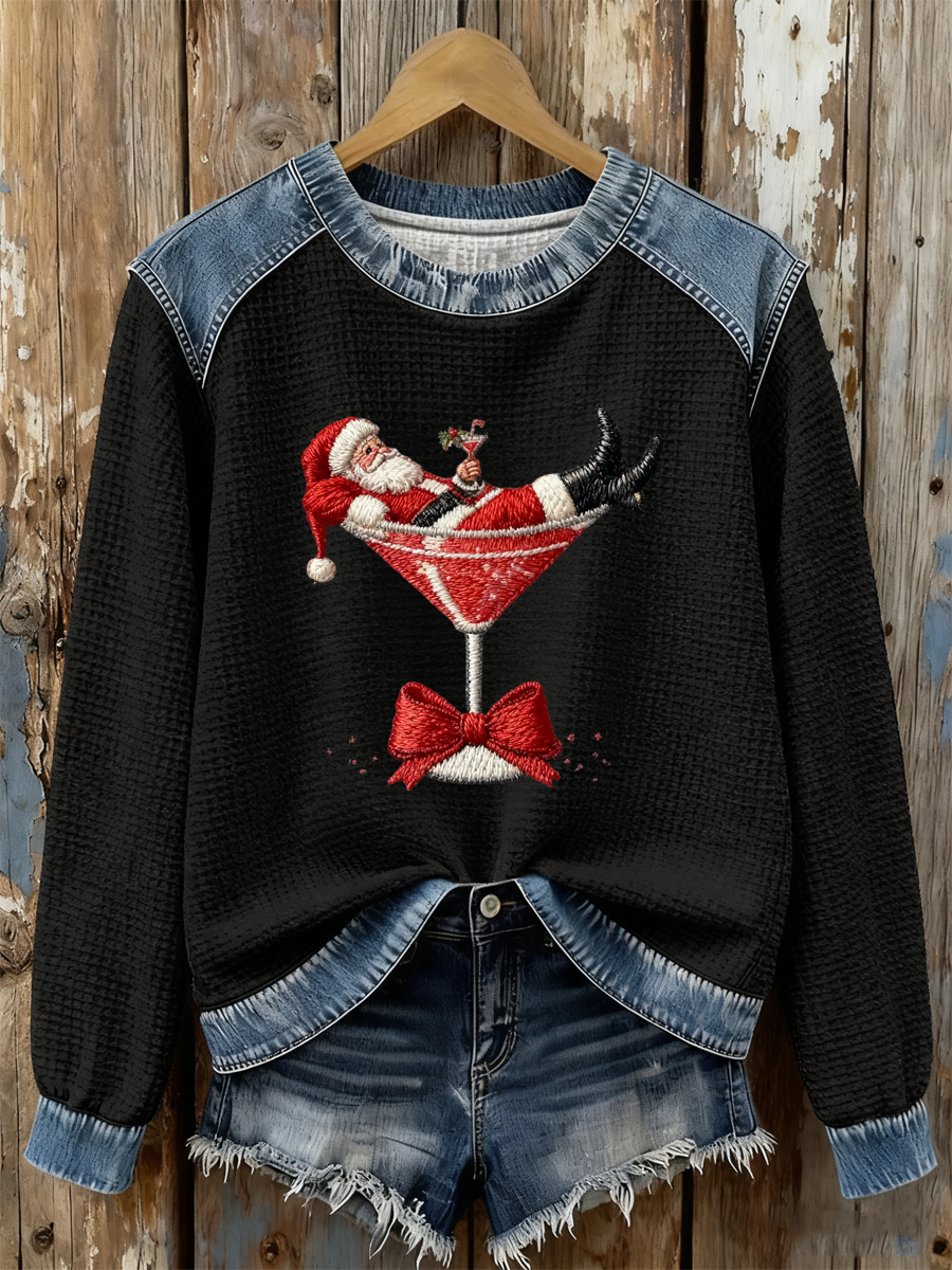 Women’s Santa Claus sitting on a wine glass Print waffle Sweatshirt Black / S