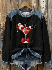 Women’s Santa Claus sitting on a wine glass Print waffle Sweatshirt Black / S