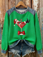 Women’s Santa Claus sitting on a wine glass Print waffle Sweatshirt Green / S