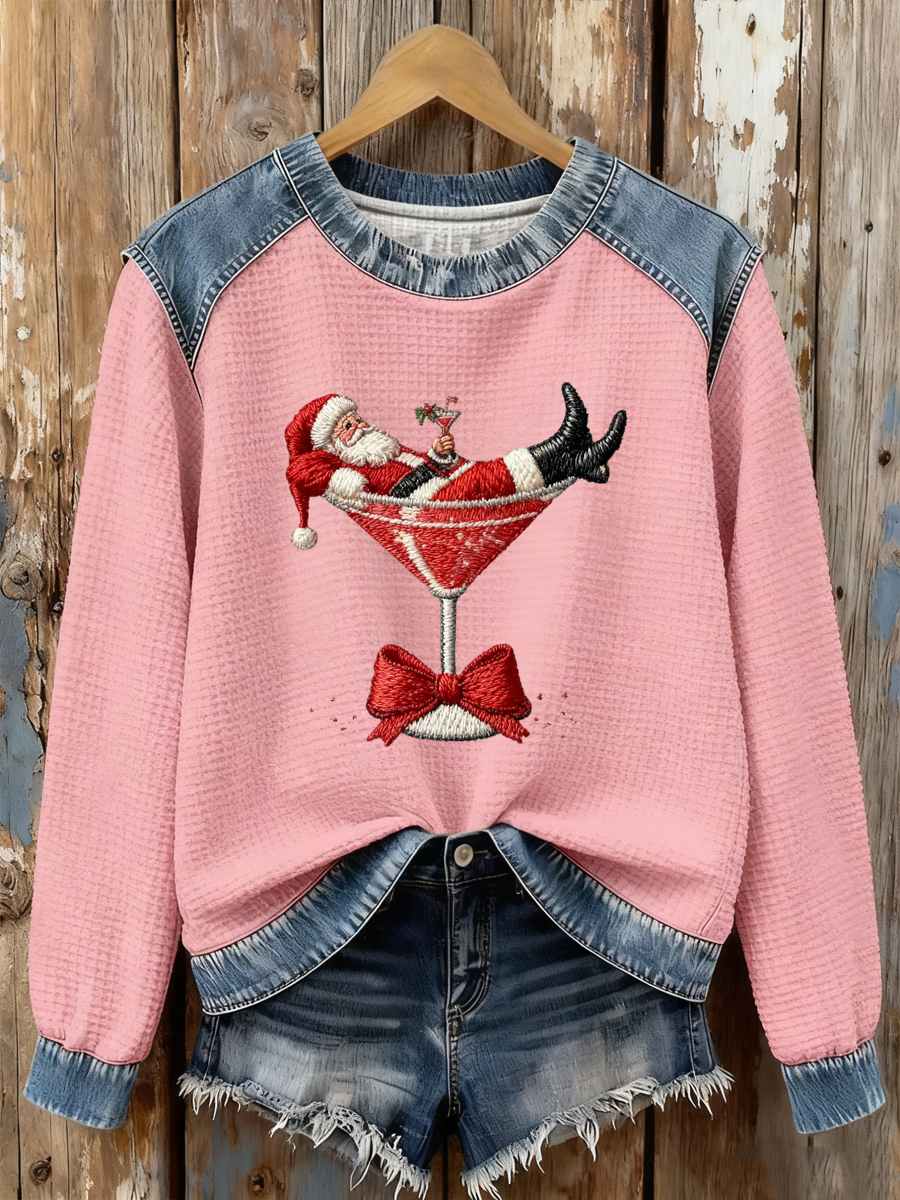 Women’s Santa Claus sitting on a wine glass Print waffle Sweatshirt Pink / S