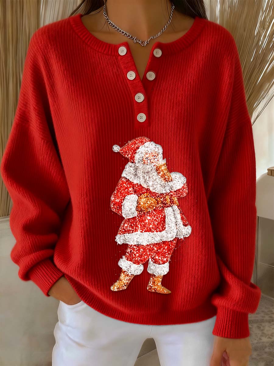 Women’s Retro Santa Claus Sequins Print Long-sleeve Sweater Red / S