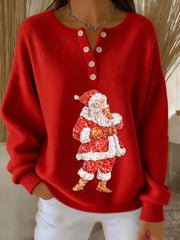 Women’s Retro Santa Claus Sequins Print Long-sleeve Sweater Red / S