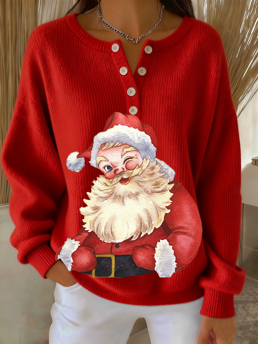 Women’s Retro Fun Christmas Santa Print Long-sleeve Sweater Red / S