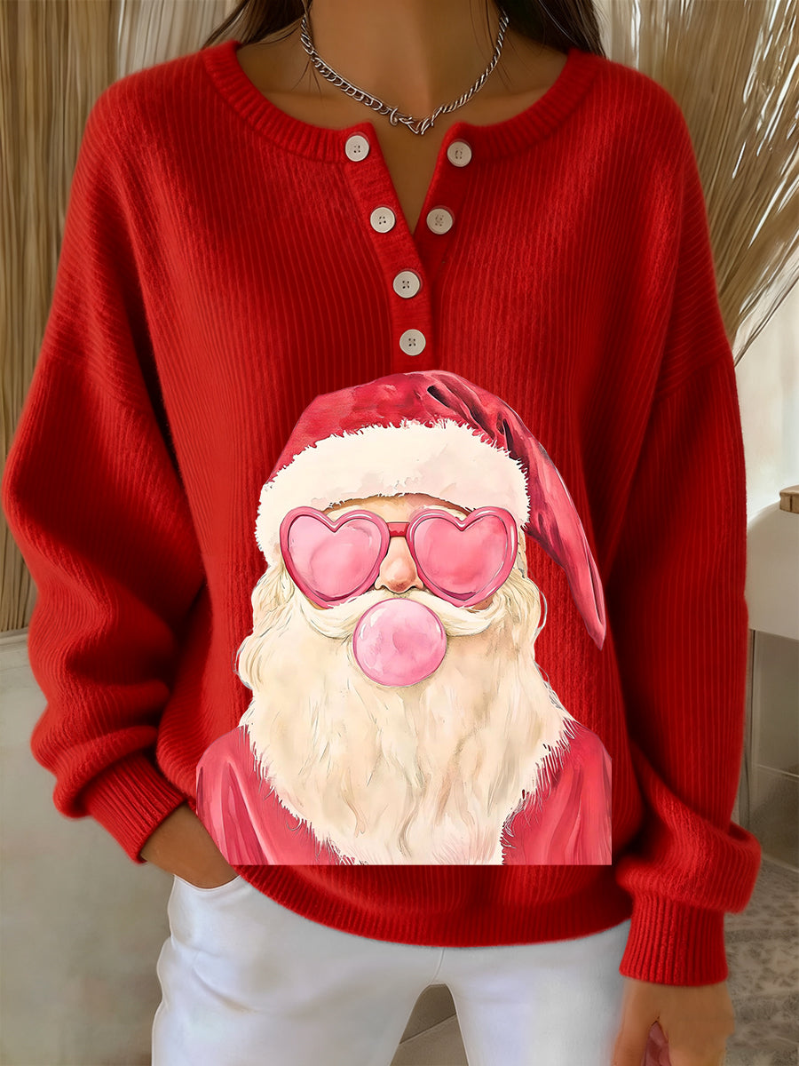 Women’s Retro Fun Christmas Santa Blowing Bubbles Print Long-sleeve Sweater Red / S