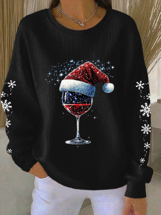 Women’s Christmas Red Wine Glass Ribbed Round-Neck Sweatshirt Black / S