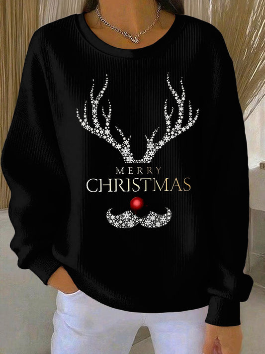 Women’s Merry Christmas print Ribbed Round-Neck Sweatshirt Black / S