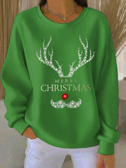 Women’s Merry Christmas print Ribbed Round-Neck Sweatshirt Green / S